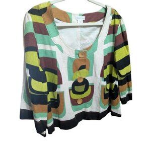 Monroe & Main Linen Blend Cropped Jacket 1X XL Green Brown Scoop Neck NWT